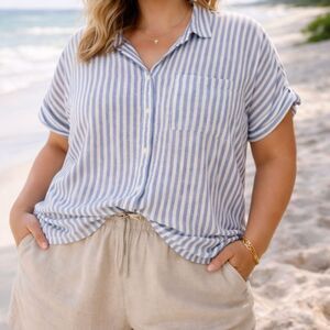 Orvis Blue & White Striped Button Down Shirt - Size XL beach relaxed lounge